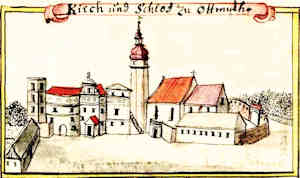 Kirch und Schlos zu Ottmuth - Zamek i kościół, widok ogólny